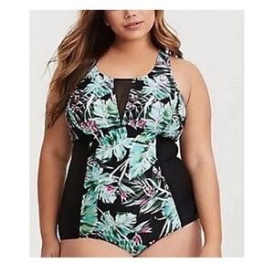 Torrid Active Wireless Mesh High Neck One Piece Swimsuit Size 0  Leaves Tropical